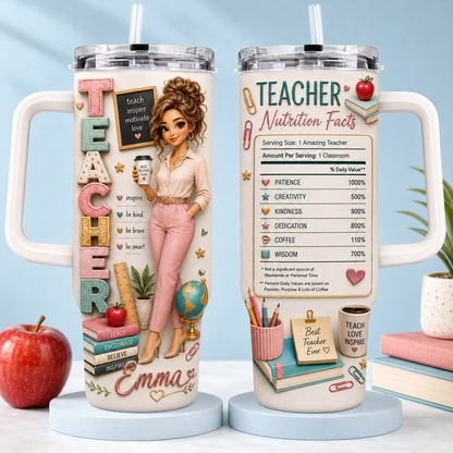Personalized Teacher Nutrition Facts 40oz Tumbler – Custom Name Teacher Gift Cup