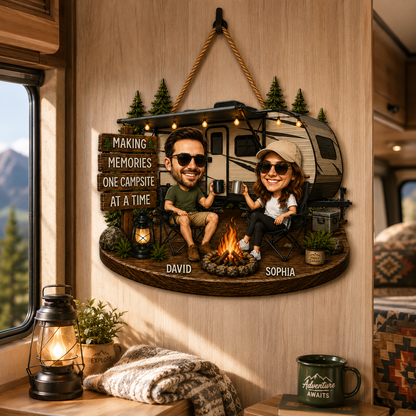 Personalized RV Camping Couple Face Cutout Wooden Door Sign – Making Memories One Campsite at a Time
