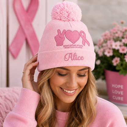 Peace Love Cure Pink Ribbon - Personalized Breast Cancer Awareness Beanie Hat