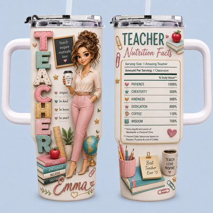 Personalized Teacher Nutrition Facts 40oz Tumbler – Custom Name Teacher Gift Cup