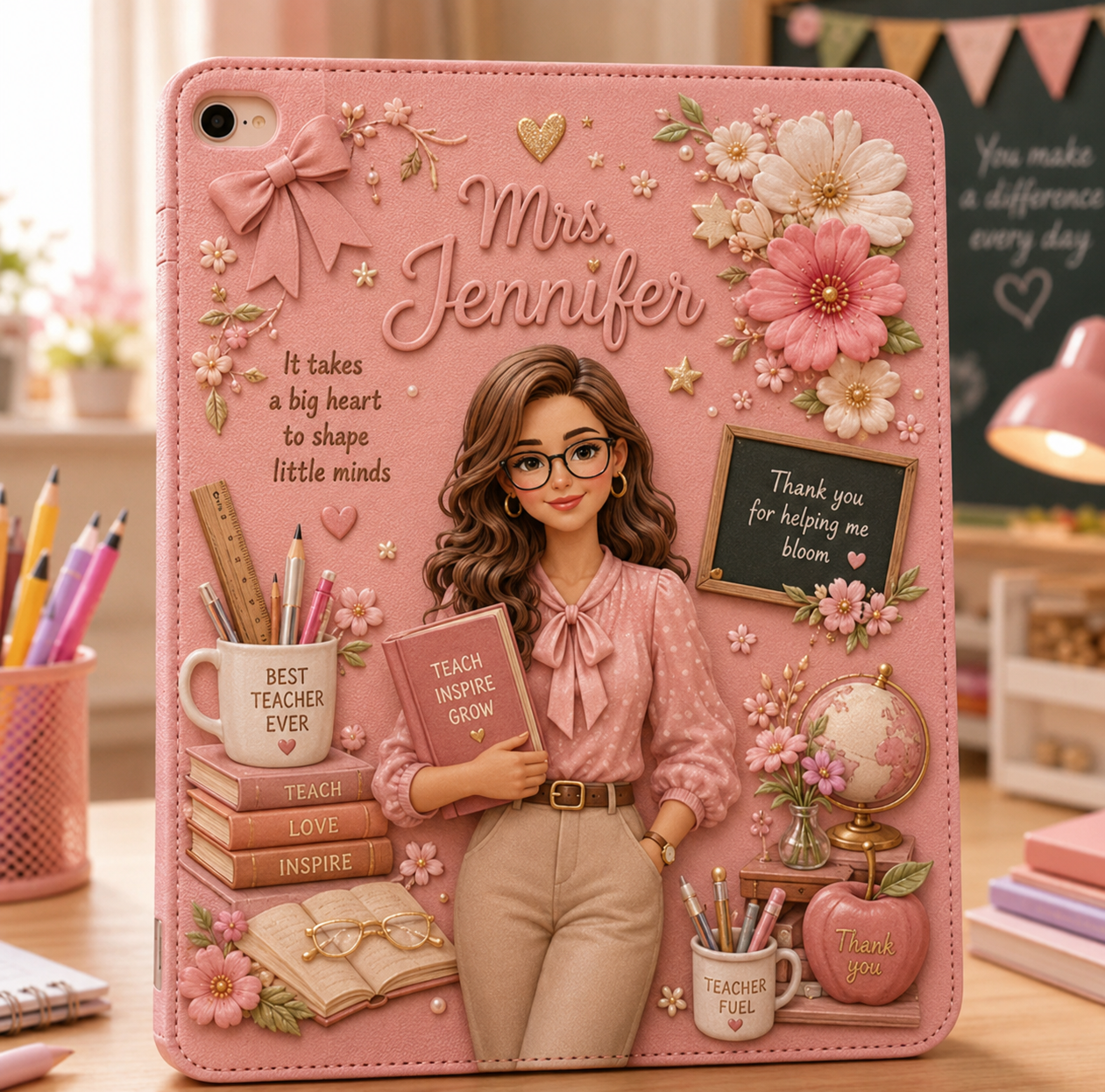 Personalized Teacher iPad Case with Custom Name – Floral Teacher Tablet Cover, Protective PU Leather Stand Case, Teacher Appreciation Gift