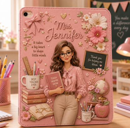 Personalized Teacher iPad Case with Custom Name – Floral Teacher Tablet Cover, Protective PU Leather Stand Case, Teacher Appreciation Gift
