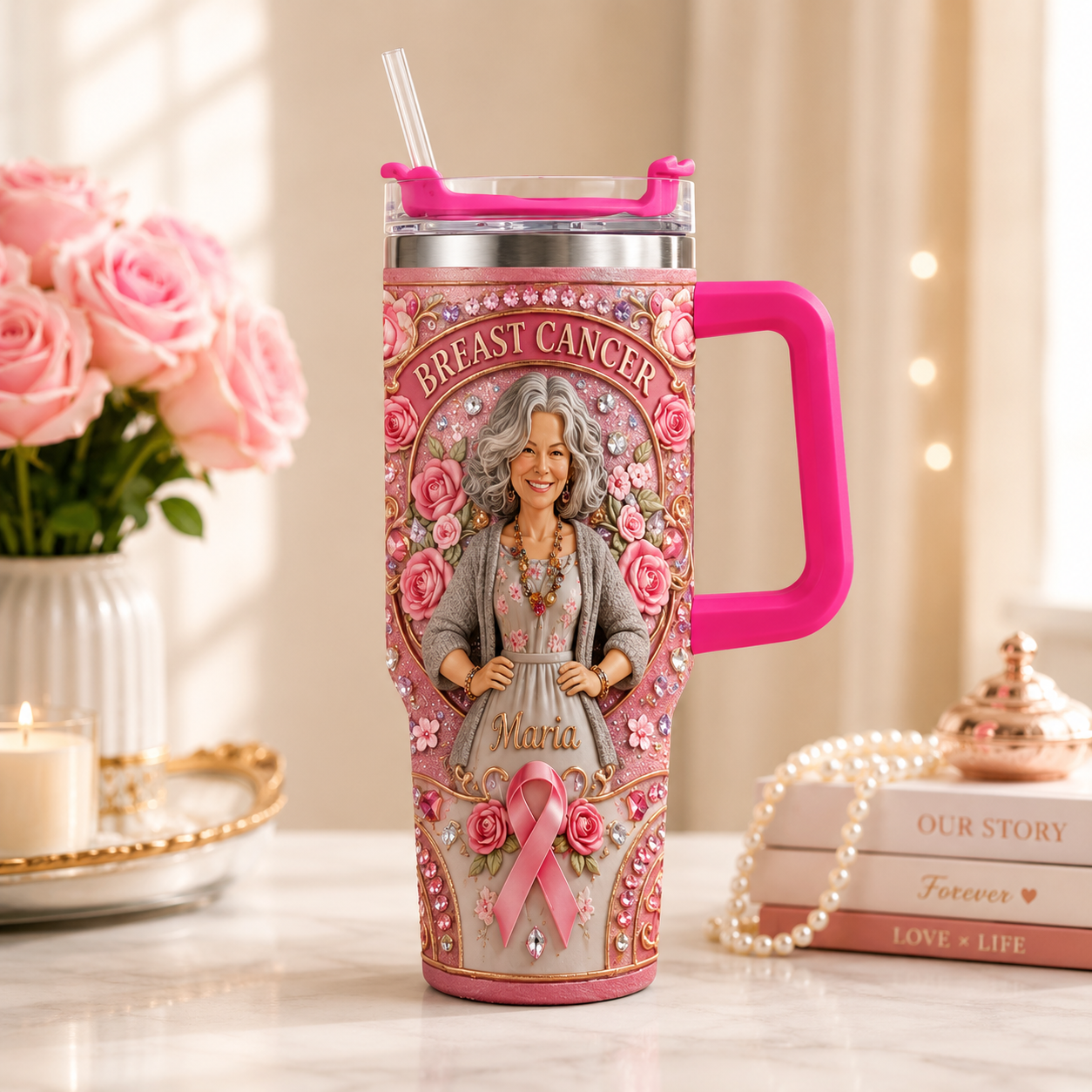 Hope Strength Love - Personalized Breast Cancer Awareness Tumbler