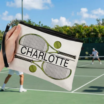 Personalised Tennis Theme Makeup Storage Bag with Name and Wrist Strap Travel Essentials Birthday Gift for Tennis Lovers