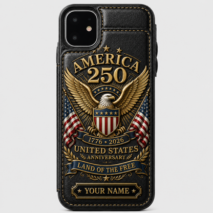 Personalized America 250th Anniversary Eagle Wallet Phone Case – 1776–2026 Patriotic PU Leather Card Holder Cover