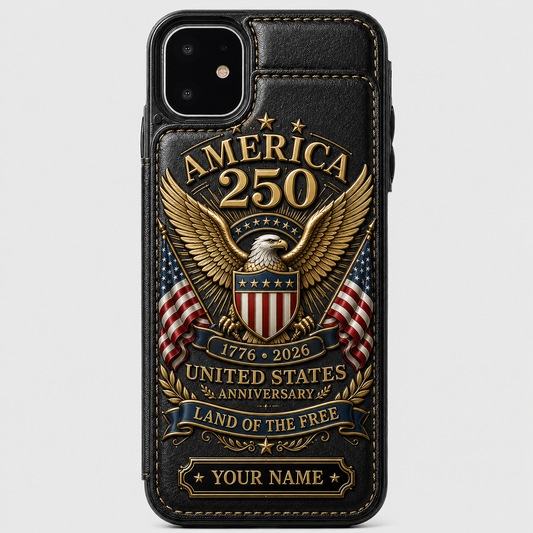 Personalized America 250th Anniversary Eagle Wallet Phone Case – 1776–2026 Patriotic PU Leather Card Holder Cover