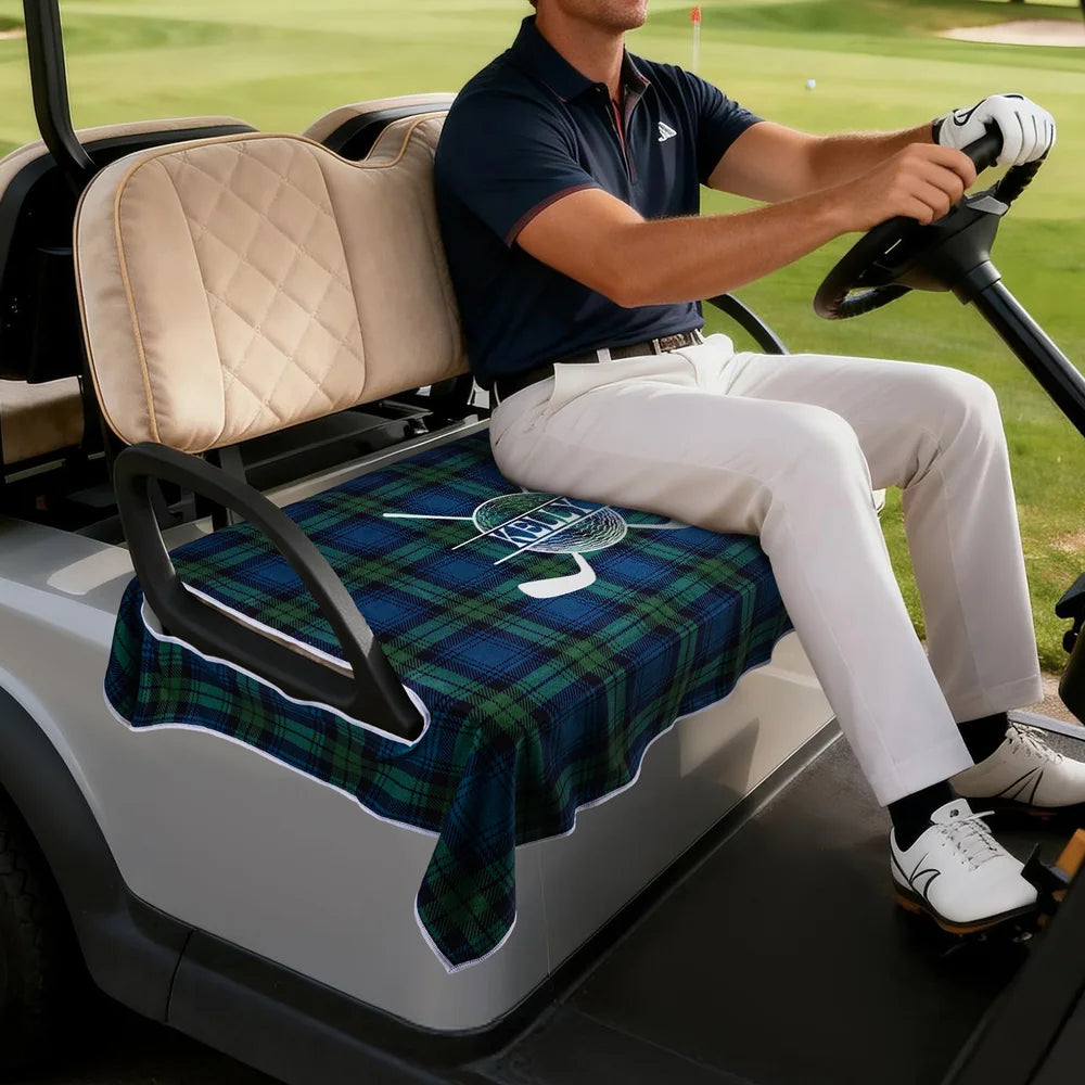 Personalized Golf Club Wreath Plaid Golf Cart Seat Cover with Name and Initial Golf Course Gear Birthday Daily Use Gift for Golf Player Lover
