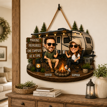 Personalized RV Camping Couple Face Cutout Wooden Door Sign – Making Memories One Campsite at a Time