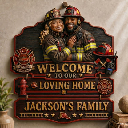 Personalized Firefighter Welcome To Our Loving Home Pallet Wood Sign – Custom Photo Rustic Wall Decor