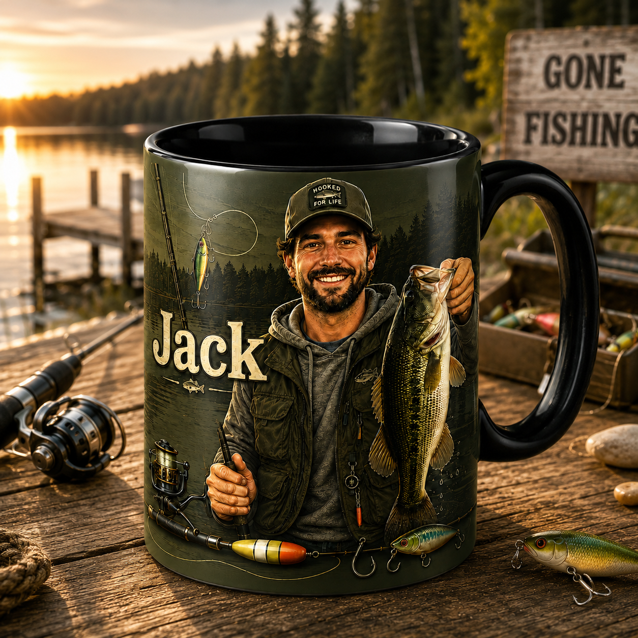 Custom Fishing Photo Mug – Personalized Angler Name Ceramic Coffee Mug Gift For Fishing Lovers