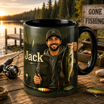 Custom Fishing Photo Mug – Personalized Angler Name Ceramic Coffee Mug Gift For Fishing Lovers