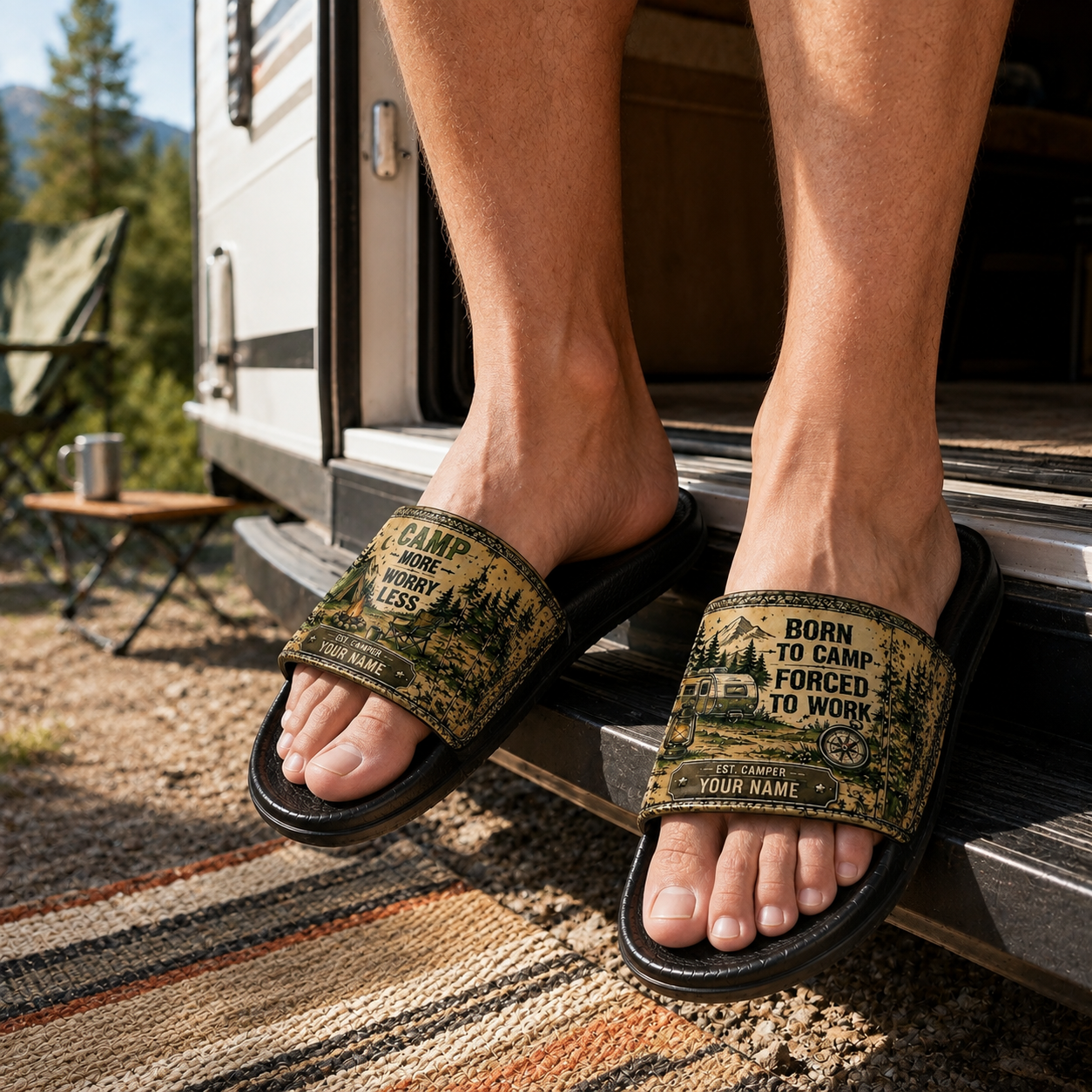 Personalized Camping Slide Sandals – Camp More Worry Less Custom Name Campers
