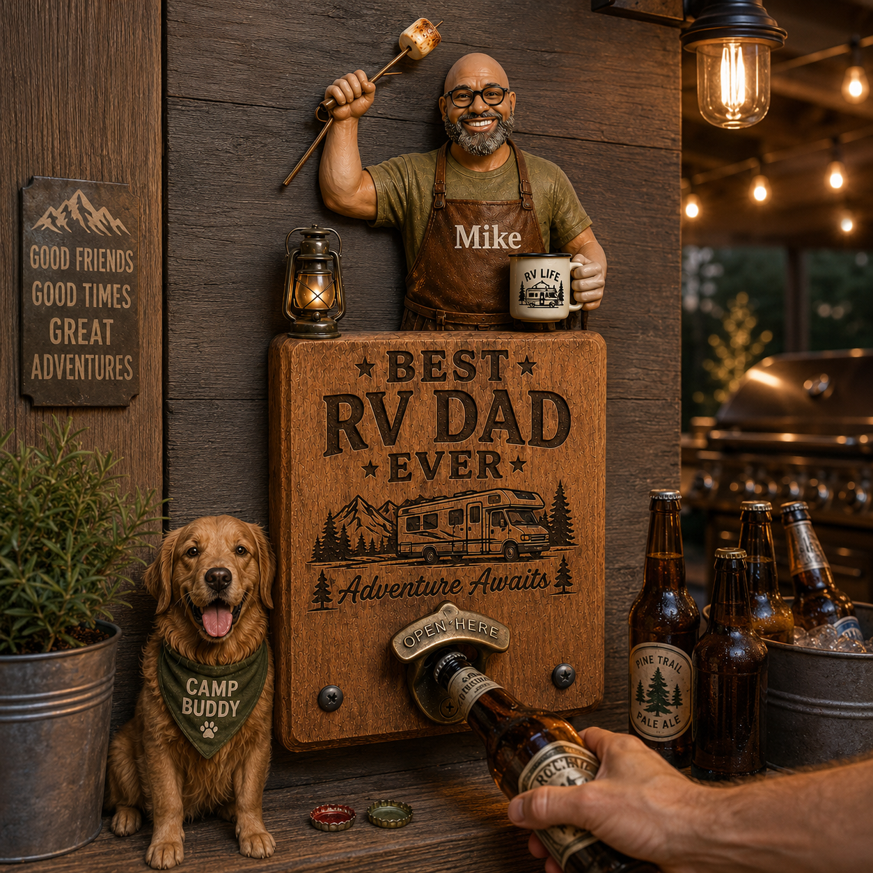 Personalized Best RV Dad Ever Wall Bottle Opener – Custom Photo Wooden RV Camping Sign, Adventure Gift for Dad