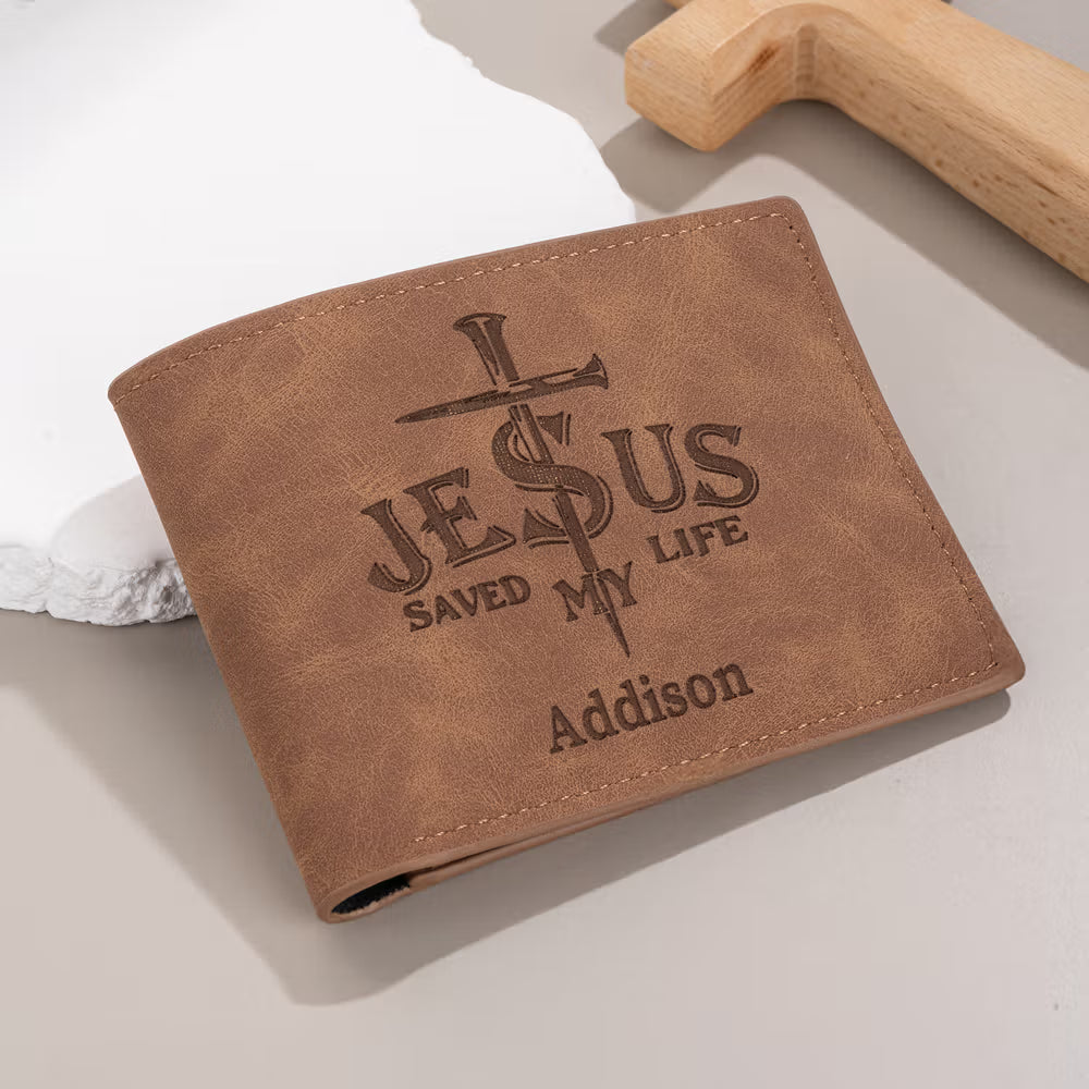 Personalised Jesus Saved My Life Cross PU Leather Men's Wallet with Name Daily Use Baptism Confirmation Gift for Husband Dad