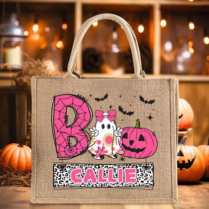 Personalized Playful Ghost Pumpkin Bat Large Jute Tote Bag with Name Halloween Trick or Treat Gift for Kid Boy Girl