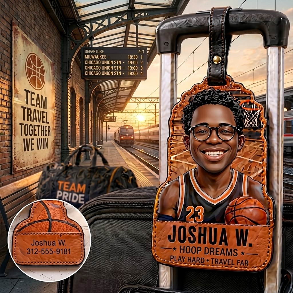 Personalized Basketball Photo Leather Luggage Tag – Custom Name Travel Bag Tag Gift