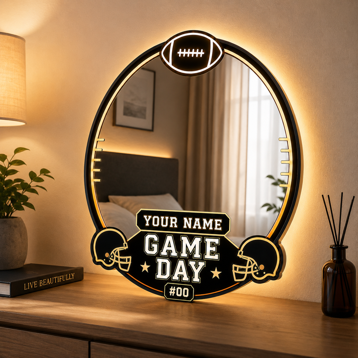 Personalized American Football Game Day LED Mirror – Custom Name & Number Sports Wall Decor