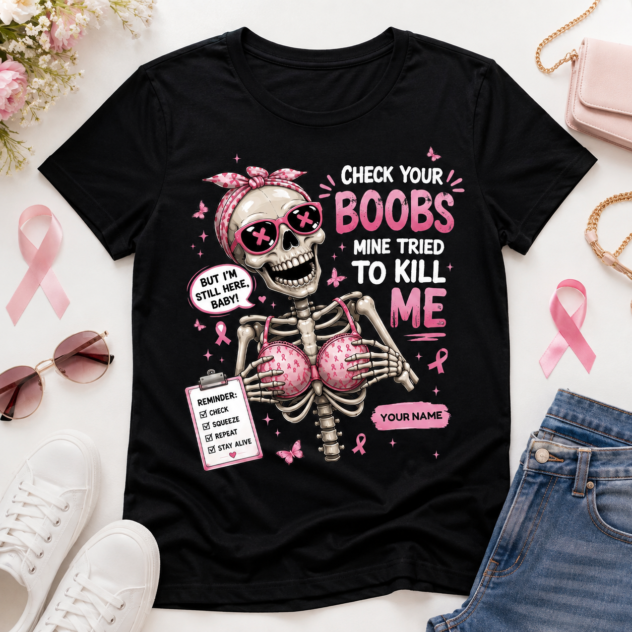Personalized Check Your Boobs Breast Cancer Awareness T-Shirt – Funny Survivor Support Tee With Custom Name