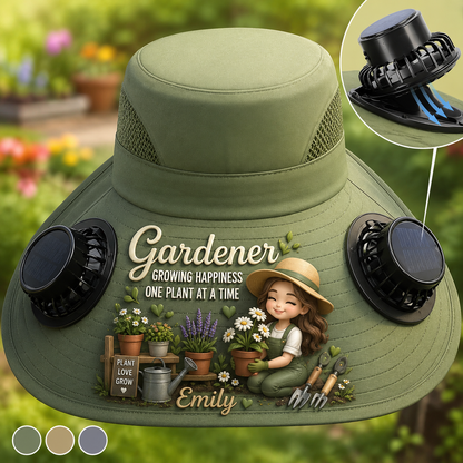 Personalized Gardener Solar Fan Hat – Custom Photo, Gardening Cooling Sun Hat for Man and Women, Wide Brim Outdoor UV Protection Gift for Plant Lovers
