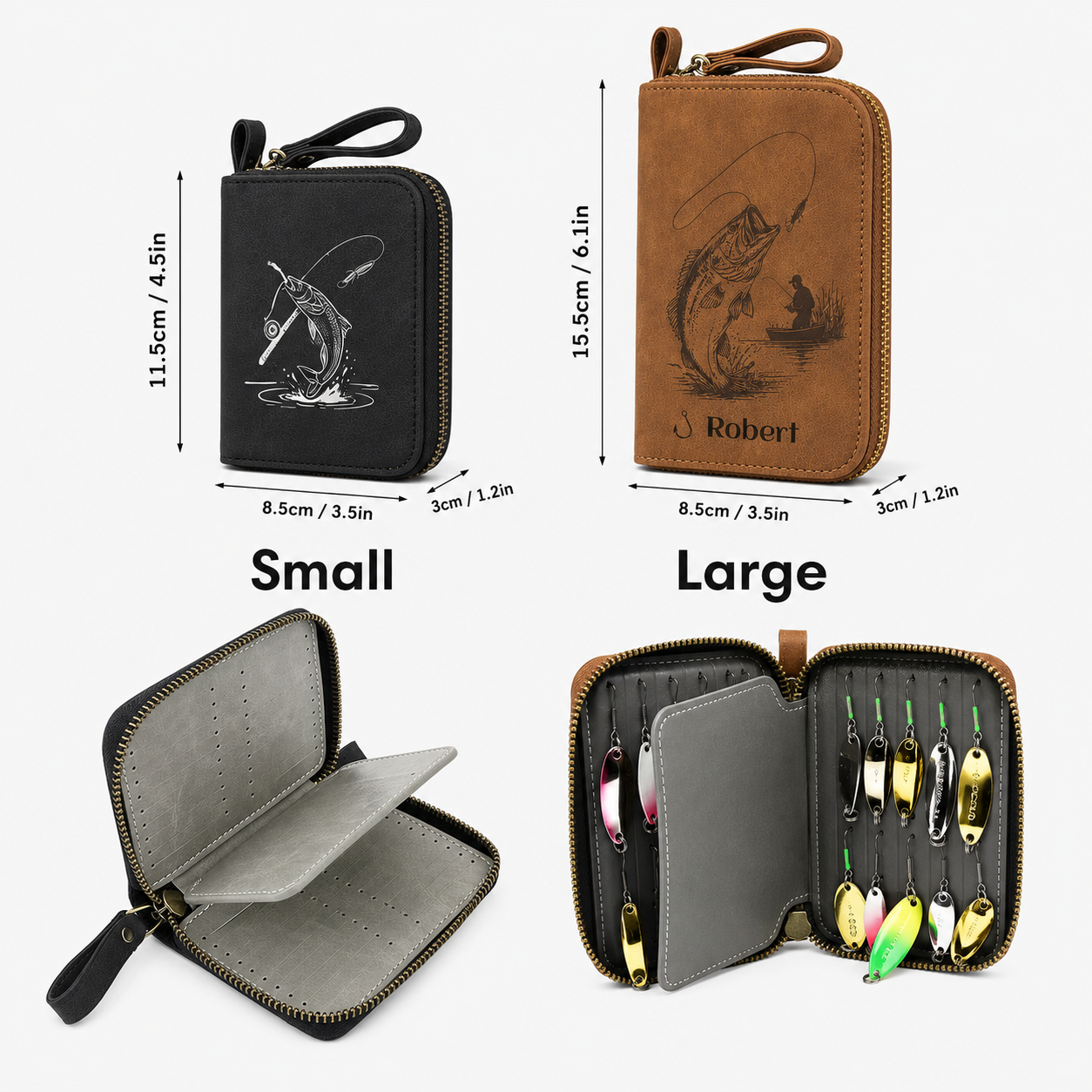 Personalized Leather Fishing Lure Storage Wallet – Custom Name Tackle Organizer Bag for Fishermen