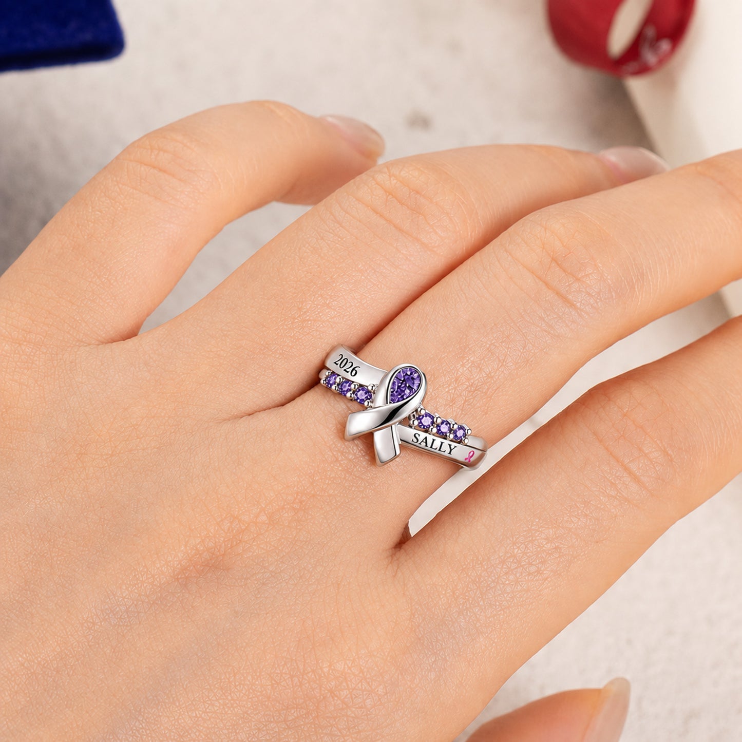 Personalized Breast Cancer Awareness Ring – Custom Pink Ribbon Birthstone Ring, Survivor Support Jewelry Gift