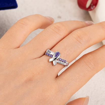 Personalized Breast Cancer Awareness Ring – Custom Pink Ribbon Birthstone Ring, Survivor Support Jewelry Gift