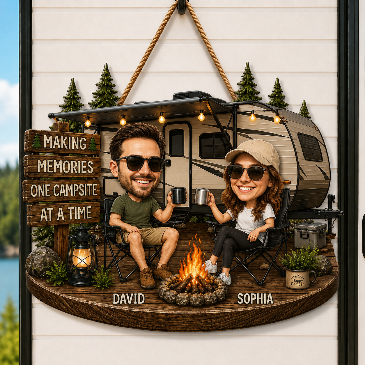 Personalized RV Camping Couple Face Cutout Wooden Door Sign – Making Memories One Campsite at a Time