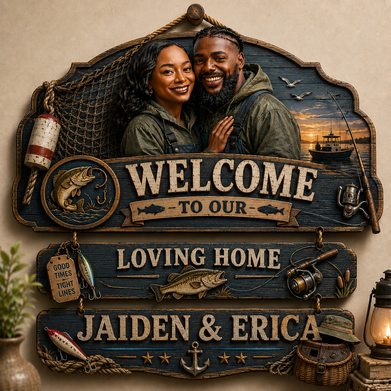 Personalized Fisherman Couple Pallet Wood Sign – Custom Fishing Family Welcome Sign – Rustic Angler Home Decor – Fishing Lover Gift for Couple, Dad, Husband