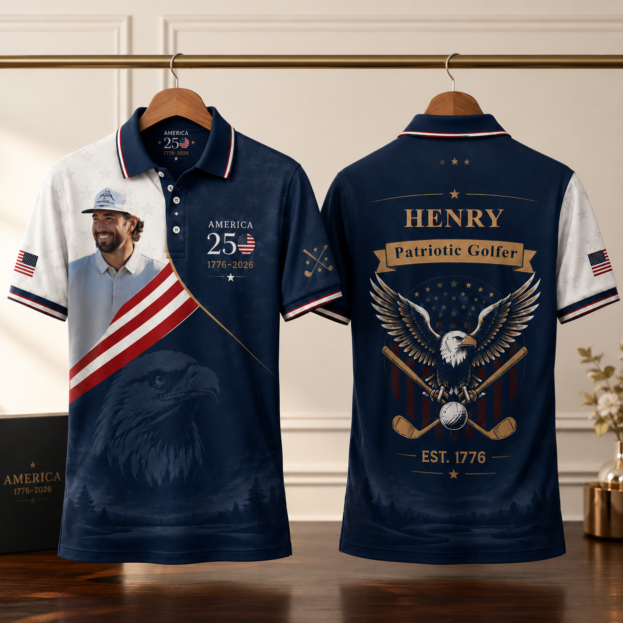 Personalized America 250th Anniversary Patriotic Golfer Polo Shirt