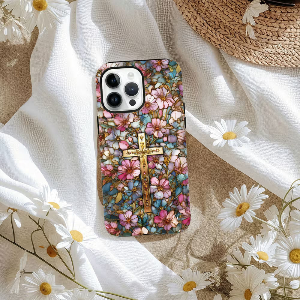 Personalized Cross Floral Stained Glass Phone Case with Letter for iPhone Anniversary Birthday Gift for Friend Family Woman