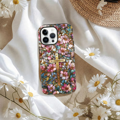 Personalized Cross Floral Stained Glass Phone Case with Letter for iPhone Anniversary Birthday Gift for Friend Family Woman
