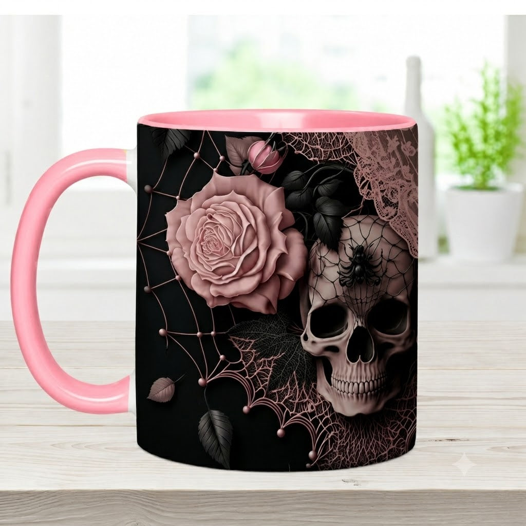 Personalized Gothic Skull Mug with Custom Name, Dark Aesthetic Pink Rose Coffee Cup, Spooky Goth Gift for Her, 11oz 15oz Accent Mug