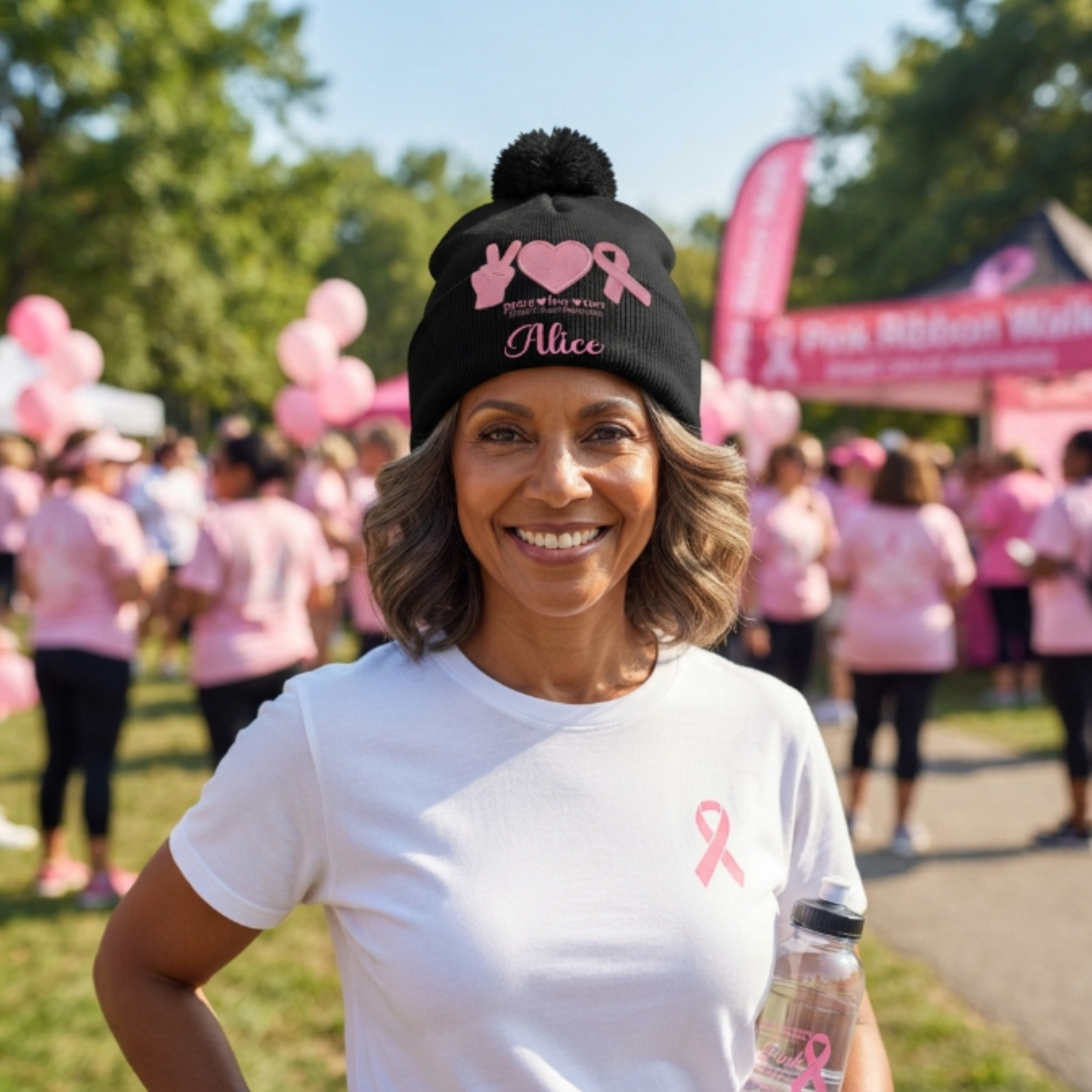 Peace Love Cure Pink Ribbon - Personalized Breast Cancer Awareness Beanie Hat