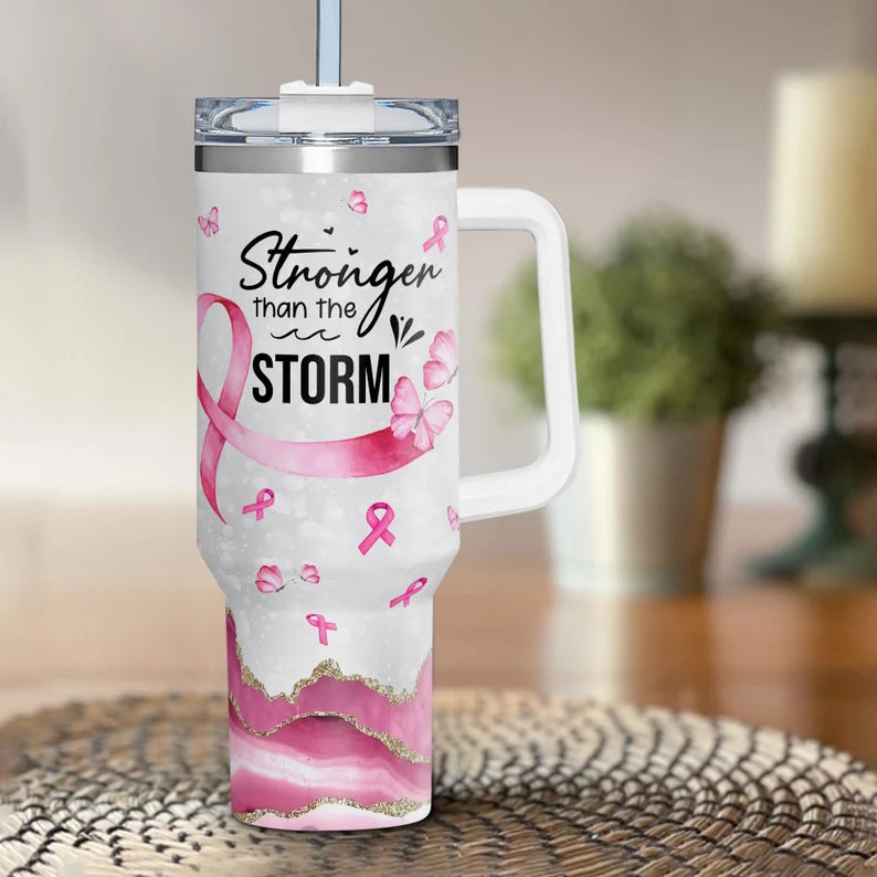 Breast Cancer Warrior Tumbler 40oz With Handle, Stronger Than The Storm 40oz Stainless Steel Tumbler With Lid and Straw, Personalized Breast Cancer Awareness Tumbler