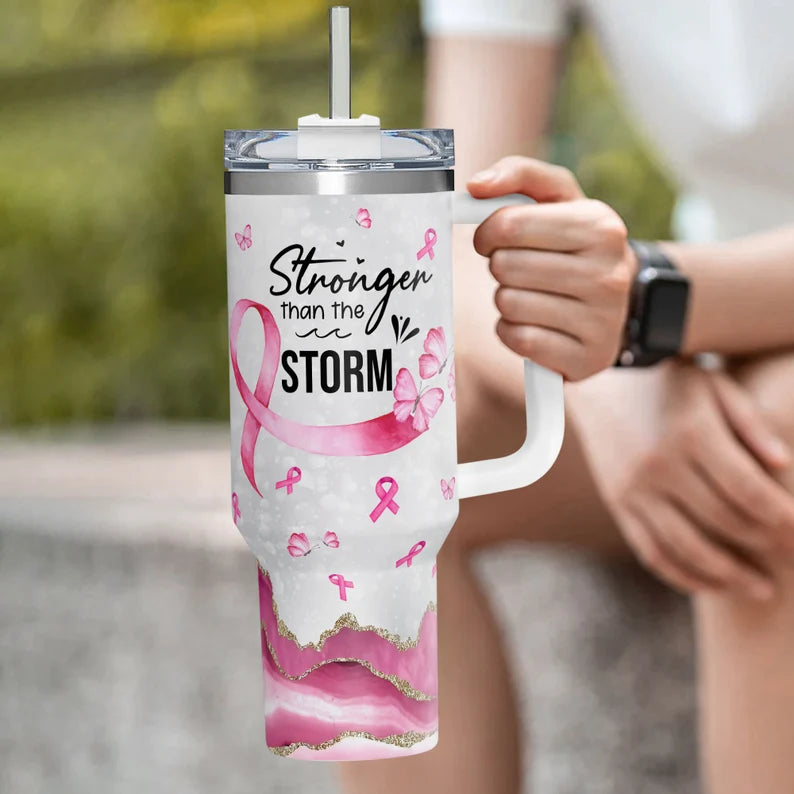 Breast Cancer Warrior Tumbler 40oz With Handle, Stronger Than The Storm 40oz Stainless Steel Tumbler With Lid and Straw, Personalized Breast Cancer Awareness Tumbler