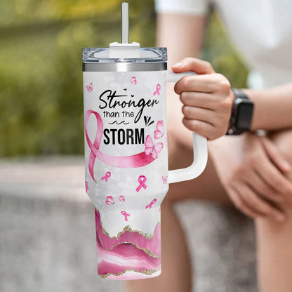 Breast Cancer Warrior Tumbler 40oz With Handle, Stronger Than The Storm 40oz Stainless Steel Tumbler With Lid and Straw, Personalized Breast Cancer Awareness Tumbler