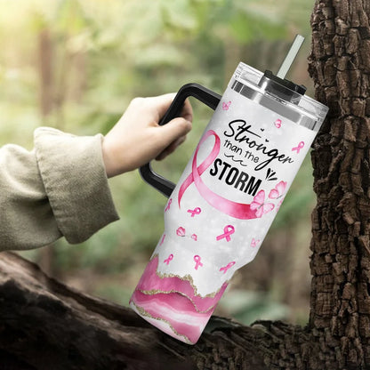 Breast Cancer Warrior Tumbler 40oz With Handle, Stronger Than The Storm 40oz Stainless Steel Tumbler With Lid and Straw, Personalized Breast Cancer Awareness Tumbler