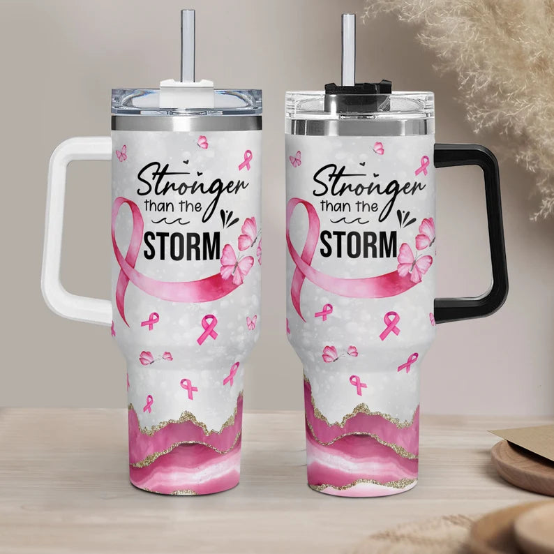 Breast Cancer Warrior Tumbler 40oz With Handle, Stronger Than The Storm 40oz Stainless Steel Tumbler With Lid and Straw, Personalized Breast Cancer Awareness Tumbler