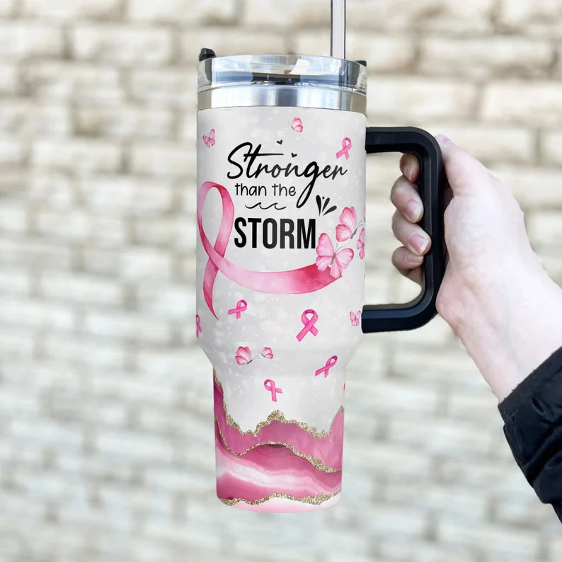 Breast Cancer Warrior Tumbler 40oz With Handle, Stronger Than The Storm 40oz Stainless Steel Tumbler With Lid and Straw, Personalized Breast Cancer Awareness Tumbler