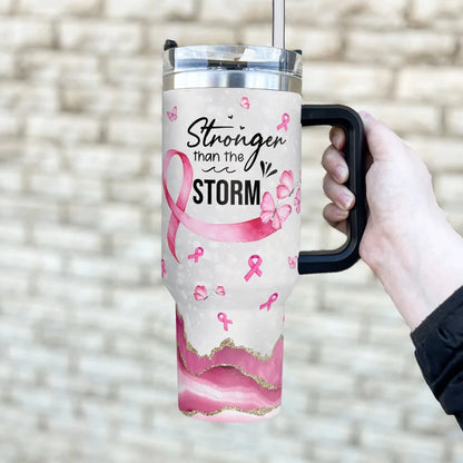 Breast Cancer Warrior Tumbler 40oz With Handle, Stronger Than The Storm 40oz Stainless Steel Tumbler With Lid and Straw, Personalized Breast Cancer Awareness Tumbler