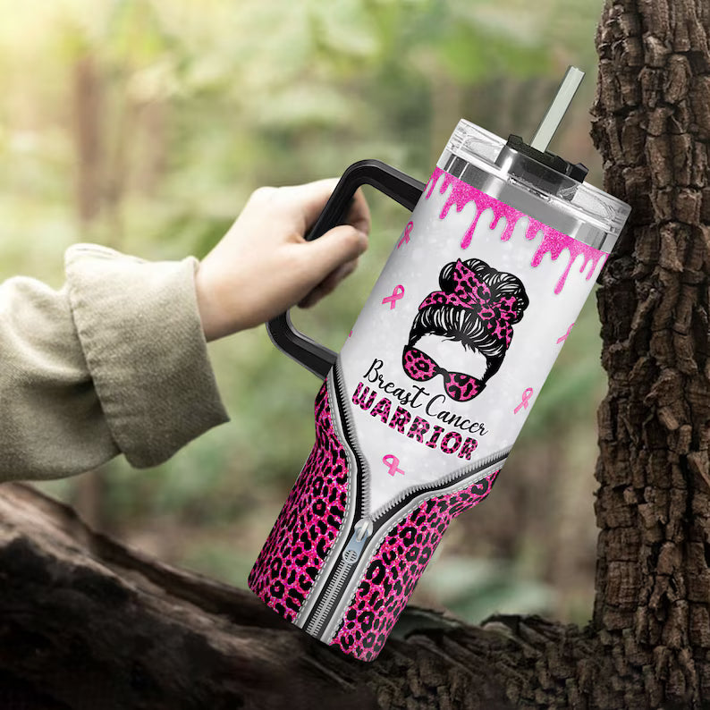 Breast Cancer Warrior Tumbler 40oz With Handle, Stronger Than The Storm 40oz Stainless Steel Tumbler With Lid and Straw, Cancer Fighter Cup