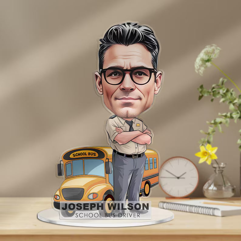 Custom School Bus Driver Figurine Trinket Caricature Portrait Desk Name Plate Personalized 3D Funny Acrylic Cartoon Plaque Dad Teacher Gift
