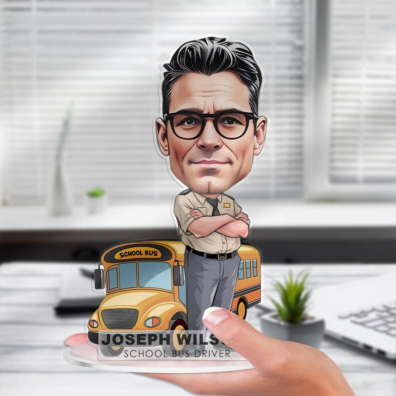 Custom School Bus Driver Figurine Trinket Caricature Portrait Desk Name Plate Personalized 3D Funny Acrylic Cartoon Plaque Dad Teacher Gift