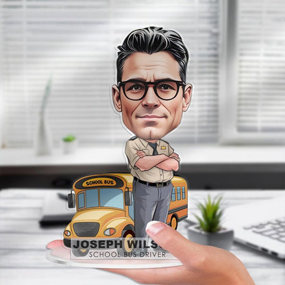 Custom School Bus Driver Figurine Trinket Caricature Portrait Desk Name Plate Personalized 3D Funny Acrylic Cartoon Plaque Dad Teacher Gift