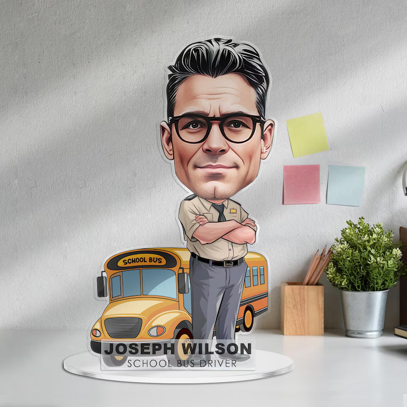 Custom School Bus Driver Figurine Trinket Caricature Portrait Desk Name Plate Personalized 3D Funny Acrylic Cartoon Plaque Dad Teacher Gift