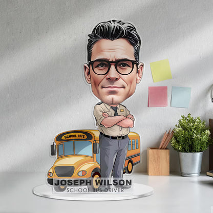 Custom School Bus Driver Figurine Trinket Caricature Portrait Desk Name Plate Personalized 3D Funny Acrylic Cartoon Plaque Dad Teacher Gift