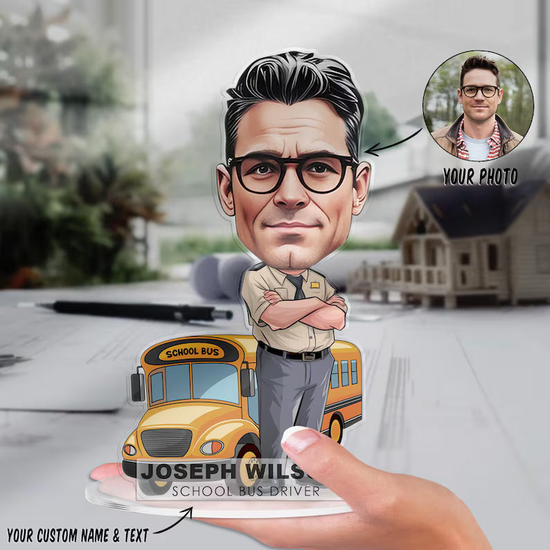 Custom School Bus Driver Figurine Trinket Caricature Portrait Desk Name Plate Personalized 3D Funny Acrylic Cartoon Plaque Dad Teacher Gift