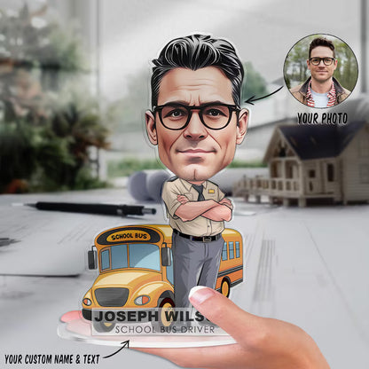 Custom School Bus Driver Figurine Trinket Caricature Portrait Desk Name Plate Personalized 3D Funny Acrylic Cartoon Plaque Dad Teacher Gift