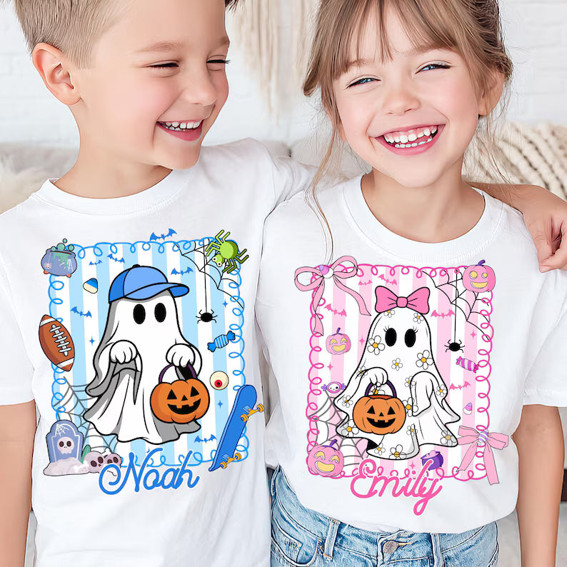 Personalized Halloween Ghost Shirt, Custom Name Pumpkin Ghost Tee, Cute Coquette Bow Halloween Shirt, Spooky Fall Outfit
