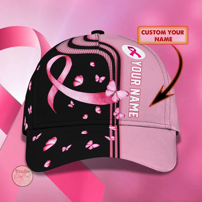 Personalized Pink Ribbon Baseball Cap: Breast Cancer Awareness Butterfly Hat
